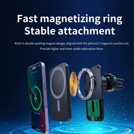 15W Magnetic Car Wireless Charger – MagSafe, 360° Vent Mount for iPhone 12–17