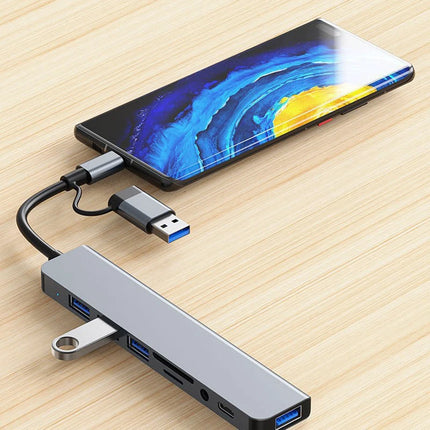 8-in-2 USB Hub Docking Station – USB-C + USB-A, SD Card, Audio Jack