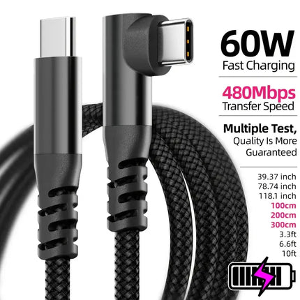60W USB-C Fast Charging Cable – Braided, 1m 2m 3m