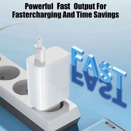 Fast USB-C wall charger with cable, white plug and USB-C connector