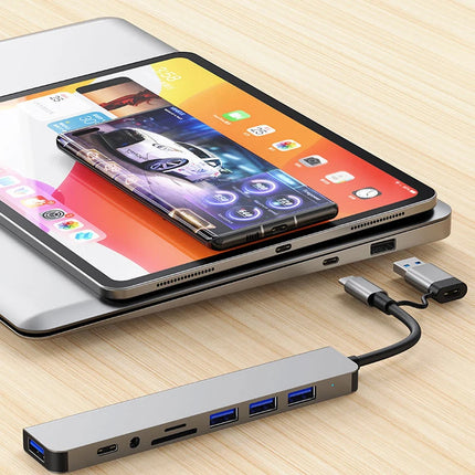 8-in-2 USB Hub Docking Station – USB-C + USB-A, SD Card, Audio Jack