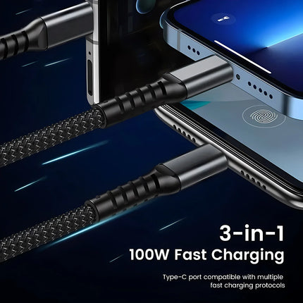 3-in-1 Fast Charging Cable – USB-C 100W + Lightning + Micro USB