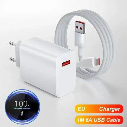 Fast travel USB-C charger with EU plug and coiled white USB-C cable