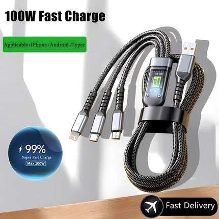 3-in-1 Fast Charging Cable – USB-C 100W + Lightning + Micro USB