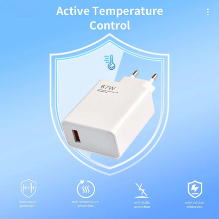 USB-C wall charger with safety protection icons, white cube design