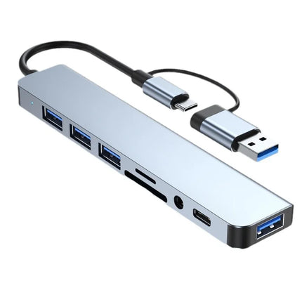 8-in-2 USB Hub Docking Station – USB-C + USB-A, SD Card, Audio Jack