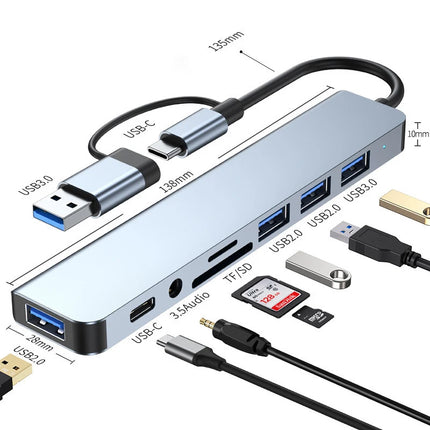 8-in-2 USB Hub Docking Station – USB-C + USB-A, SD Card, Audio Jack