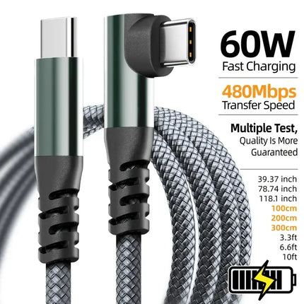 60W USB-C Fast Charging Cable – Braided, 1m 2m 3m